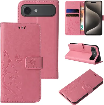 Produktbild von Handyhülle für Apple iPhone 17 Air Floral Blumen Schmetterling Flip Cover Hülle Case Klapphülle Handytasche Farbe: Rosegold
