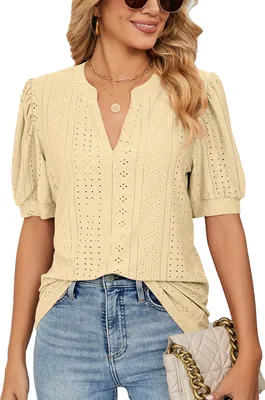 Produktbild von ASKSA Damen T-Shirt Puffärmel Aushöhlen Bluse V-Ausschnitt Sommer Kurzarm Shirts, Gelb, L