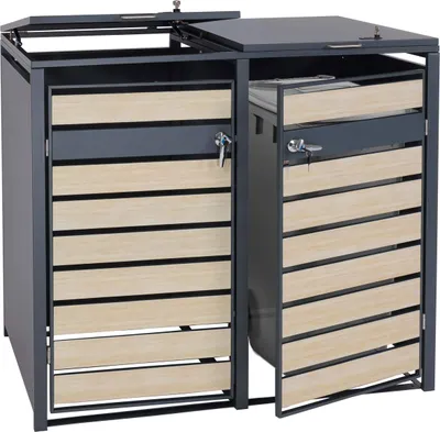 Produktbild von 2er Mülltonnenverkleidung HWC-J81, Mülltonnenbox, erweiterbar, Metall 50kg, anthrazit Buche-Holzoptik hellbraun