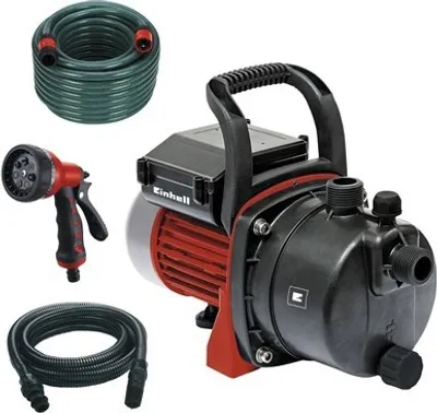 A set of garden pump accessories including a pump, a green garden hose, a black flexible hose, and a red and black spray nozzle, arranged on a white background.