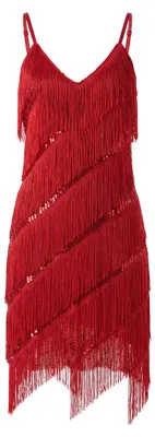 Produktbild von Rotes Minikleid XS aus 100% Polyester mit V-Ausschnitt, Fransen und glänzendem Muster