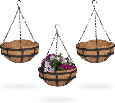 Produktbild von Famanu Hängende Pflanzenmanden Set von 3 - 50x31 cm - Kokosmanden für Innen und Außen - Braun/Schwarz Metall