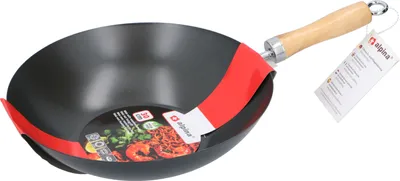 Obrázek produktu pro pánev wok alpina ⌀30CM s nepřilnavým povrchem - pánev z nerezové oceli s dřevěnou rukojetí - není vhodná na indukci - černá barva