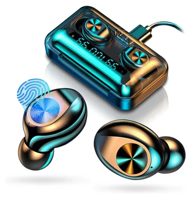 A set of wireless earbuds and their charging case are displayed against a white background.