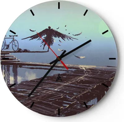 Produktbild von Wanduhr - Rund - Glasuhr - Vogel Fahrrad modern - 30x30cm - Schleichendes Uhrwerk - Lautlos - zum Aufhängen bereit - Dekoration Modern - Wanddekoration aus Glas - C3AR30x30-3721