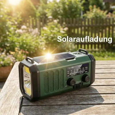 Zdjęcie produktu dla Radio awaryjne – radio AM/FM z korbką ręczną – zasilane energią słoneczną i powerbankiem USB – latarka LED – alarm SOS – do użytku na zewnątrz, na kempingu i w sytuacjach kryzysowych – kolor zielony