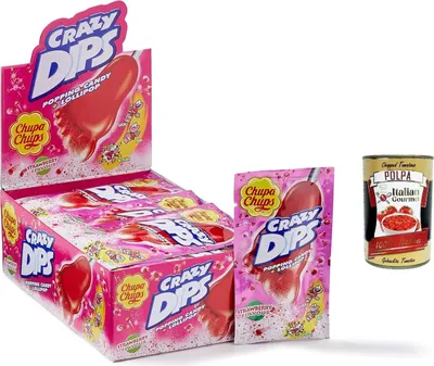 Produktbild von Chupa Chups Crazy Dip, Strawberry Popping Candy and Lollypop, Erdbeer -Knall -Süßigkeiten und Lutscher, 24 stuck, 336g + Italian Gourmet polpa 400g