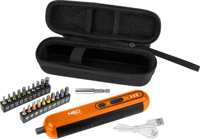 Produktbild von NEO TOOLS Akkuschrauber (4 Volt, 20 Bits, Aufbewahrungsbox) Multifunktionswerkzeug - Akkuschrauber mit LED