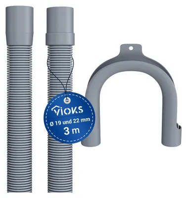 A product shot featuring two flexible hoses and a mounting bracket, with a tag indicating product specifications.