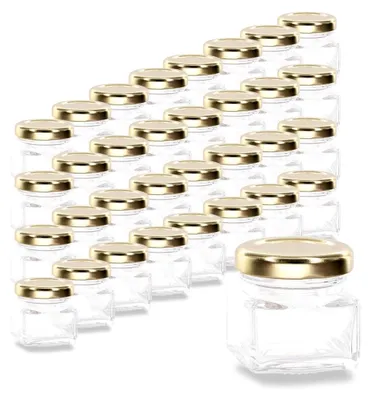 Produktbild von 32 quadratische 40 ml Mini-Gläser mit goldenem Schraubdeckel TO 43 - Kleine Gläser für Honig, Marmelade oder Gewürze