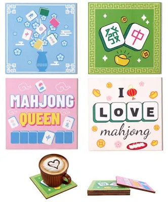 4 Mahjong-Untersetzer, 10x10 cm, bunt, Holz, für Tassen & Getränke