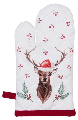 Produktbild von Clayre & Eef Kinderofenhandschuh 12x21 cm Weiß Rot Baumwolle Hirsch und Stechpalmenblätter