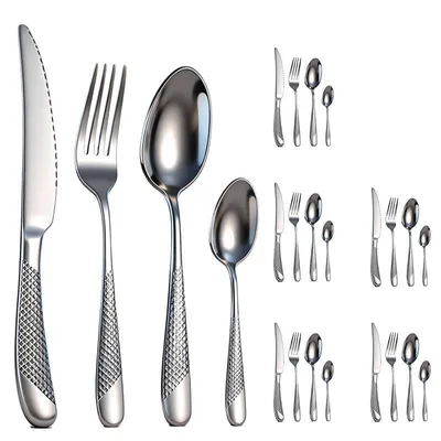 A collection of stainless steel cutlery, including knives, forks, and spoons of various sizes, arranged in groups against a white background.