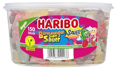 Zdjęcie produktu dla Haribo Kwaśne Języczki Niedźwiadka 150 sztuk – żelki owocowe w okrągłym pojemniku 1350 g