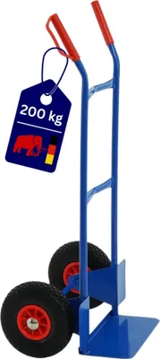 Produktbild von Stahlrohr-Sackkarre mit Standardschaufel & pannensichere PolyurethanBereifung | Traglast 200kg | HxBxT 118,5x55x45cm | Blau