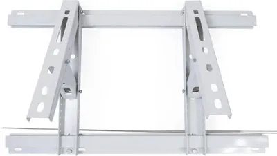 A white metal bracket for an air conditioning unit is shown against a white background.
