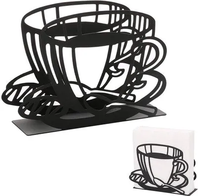 Produktbild von Ibenzoa® Serviettenhalter in Kaffeetassen‑Form, schwarz, Edelstahl, elektrostatisch lackiert – stabile Tischaufbewahrung für Papierservietten