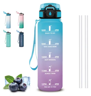 Produktbild von Mujigaga Trinkflasche 1l mit Strohhalm, Zeitmarkierung, Sport Wasserflasche