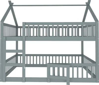 A grey wooden bunk bed with a house-shaped frame and a ladder.