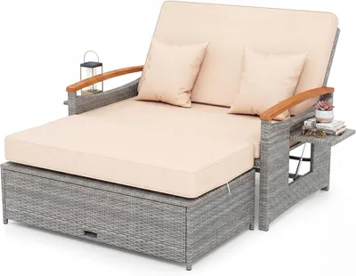 Produktbild von KOMFOTTEU Sonnenliege Rattan, Gartenliege mit Ottomane, Doppelliege mit verstellbarer Rückenlehne & klappbarem Seitenablage, Gartensofa mit Liegefunktion, Sonneninsel mit Stauraum, Balkonmöbel