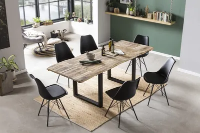 Produktbild von 7tlg. Essgruppe Noar 180 (280) x 90 cm, Mangoholz massiv, 2 Ansteckplatten, naturfarben, Baumkantentisch, U-Gestell Schwarz + 6X Schalenstuhl Lerche in Schwarz