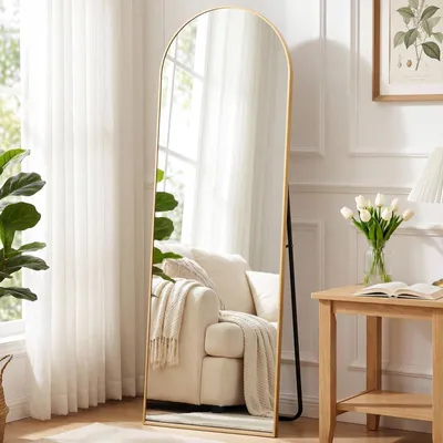 Productafbeelding van Clevich Boogvormige staande spiegel, 162x50 cm, wandspiegel, volledige lengte, goudkleurig