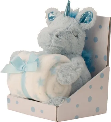 Produktbild von Einhorn Blau mit Sterne Decke 90 cm x 75 cm Kuscheltier mit Kuscheldecke