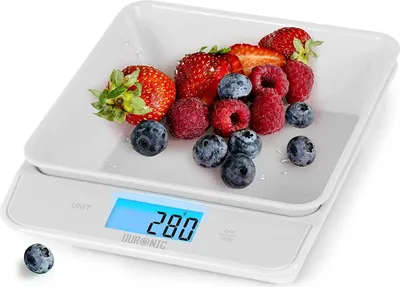 Produktbild von Duronic KS100 WH Küchenwaage - Digitale Lebensmittelwaage mit 1,2 L abnehmbarer Schüssel - Haushaltswaage für grammgenaues Wiegen bis 5kg - Sensor-Touch - Tara-Funktion - Digitalwaage zum Backen