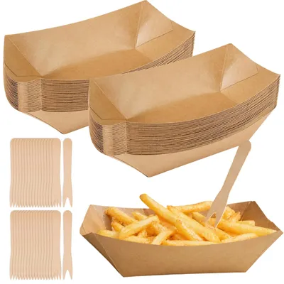 50 Snackschalen aus Kraftpapier, 16,7x12x4 cm, mit 200 Holzgabeln