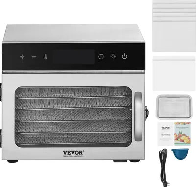 A food dehydrator and its accessories are displayed against a white background.
