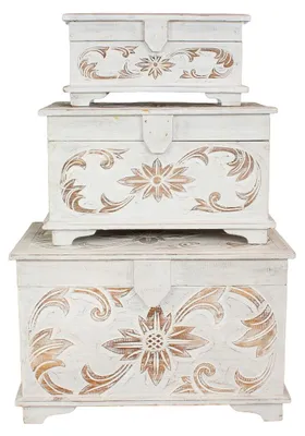 Produktbild von Truhe Holzkiste Holztruhe Schatztruhe Kiste Box Palmenholz Holzbox Blumen Schnitzereien Shabby Used Look Weiß Mittel 50 cm Design 2