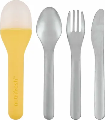 Image de Set de couverts de voyage, set de couverts, set de couverts de camping 3 pièces en acier inoxydable - support inclus - léger - 18 x 4,7 x 2,8 cm - 4 sets