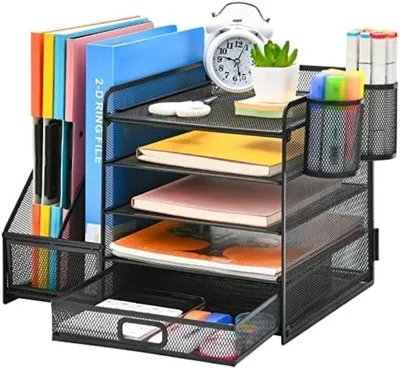 Produktbild von PolkaHome® Schreibtisch-Organizer mit Ordnerhalter, 5-stöckiges Ablagefach, Schublade und 2 Stifthaltern, Schwarz