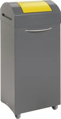 Produktbild von Abfallsammler mit selbstschließendem Pendeldeckel & Frontrollen | 75 Liter, HxBxT 94x38x32cm | Feuer- & Geruchshemmend | Anthrazitgrau/Signalgelb
