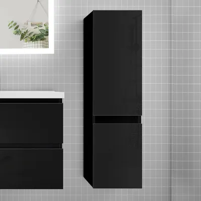 Produktbild von Hochschrank 110 cm HUTI-Serie Badschrank mit 2 Hochglanz Türen und 3 Stauräume Wandschrank Hängeschrank Schwarz