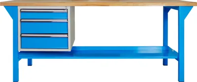 Produktbild von Werkbank Rhino Plus mit 3 Schubladen | HxBxT 84x150x70cm | Traglast 500kg | Lichtblau/Lichtblau