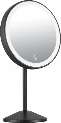 A black LED makeup mirror with a round shape and a stand is shown against a white background.