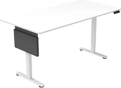 A white adjustable desk with a black accessory attached to the side.