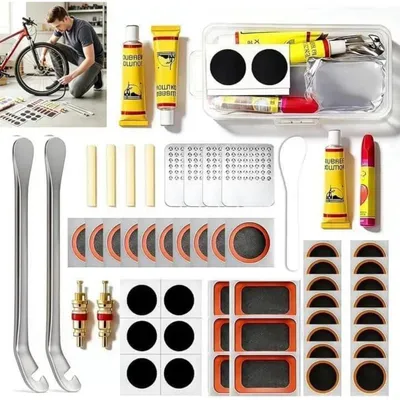 Immagine prodotto di Kit di riparazione pneumatici per bicicletta, 56 pezzi, universale, adatto per biciclette, motociclette, auto e BMX
