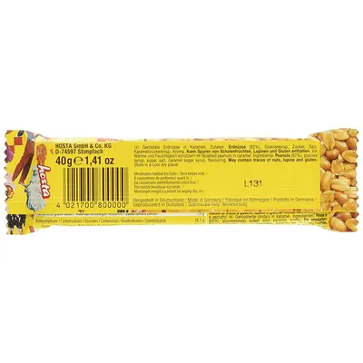 Rückseite Verpackungsbild Mr Tom Erdnussriegel aus gerösteten Erdnüssen und Karamell 40g