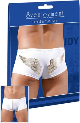 Produktbild von Herren Pants Größe L, weiche Mikrofaser, Weiß/Gold, mit goldenen Engelsflügeln und Reißverschluss