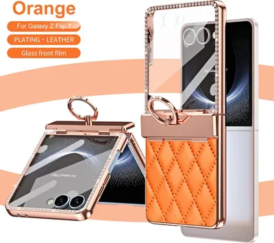 Produktbild von Hülle für Samsung Galaxy Z Flip7 mit Ringhalterung, Luxus Glitzer Bling Überzug Scharnierschutz Handyhülle Orange