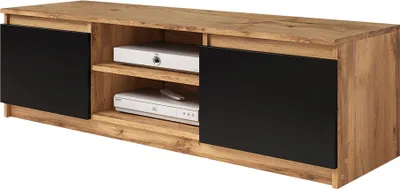 A TV stand with two black cabinet doors and open shelving in the center.