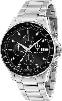 A close-up, studio shot of a men's chronograph watch with a silver metal band and a black dial.