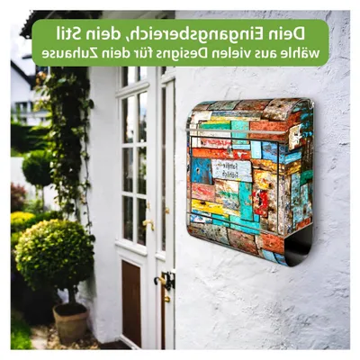 Produktbild von Edelstahl Briefkasten personalisiert 38x43x12cm mit 2 Schlüsseln - rostfreier Edelstahl Briefkasten mit Zeitungsfach - Postkasten A4 Einwurf inkl. Montagematerial - Motiv Bunte Holzschindeln