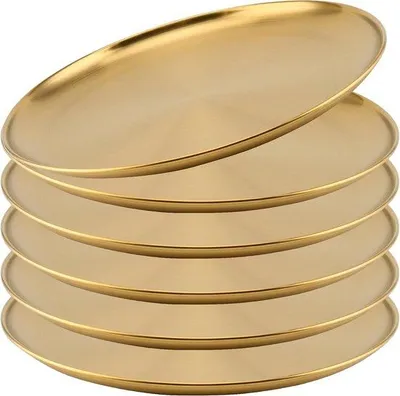 Produktbild von 6-teilig Metallteller-Set - 30 cm - Rundes Bord - Edelstahl - Rund - Campingteller - Ideal für BBQ, Snacks und Servieren - Geschirrspülergeeignet - Gold