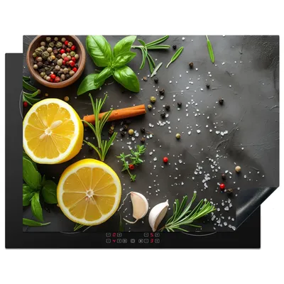 Obrázok produktu pre KitchenYeah® Kryt varnej dosky citrón - bylinky - betónový vzhľad, 77x59cm, kuchynská dekorácia, keramický kryt varnej dosky, kryt varnej dosky