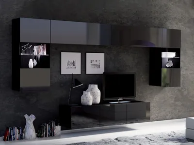 Produktbild von Wohnwand CALABRINI-2 Wohnzimmer-Set Hängewohnwand Schrankwand mit LED-Beleuchtung TV-Schrank Vitrine Moderne Anbauwand Hochglanz (Schwarz)