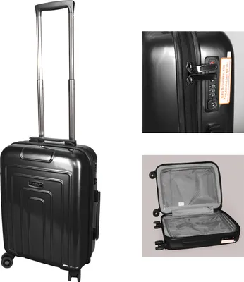 A collage of images showing a black trolley suitcase from different angles, including a close-up of the lock and an open view of the interior.