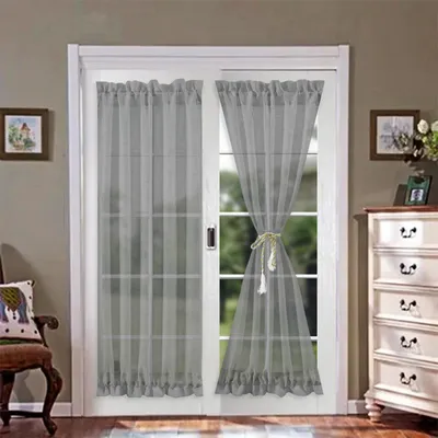 Image de Rideau de porte, moustiquaire, voile, style simple, rideaux en mousseline, rideaux à la française, rideau semi-transparent, gris, lot de 2, L64 x H183 cm